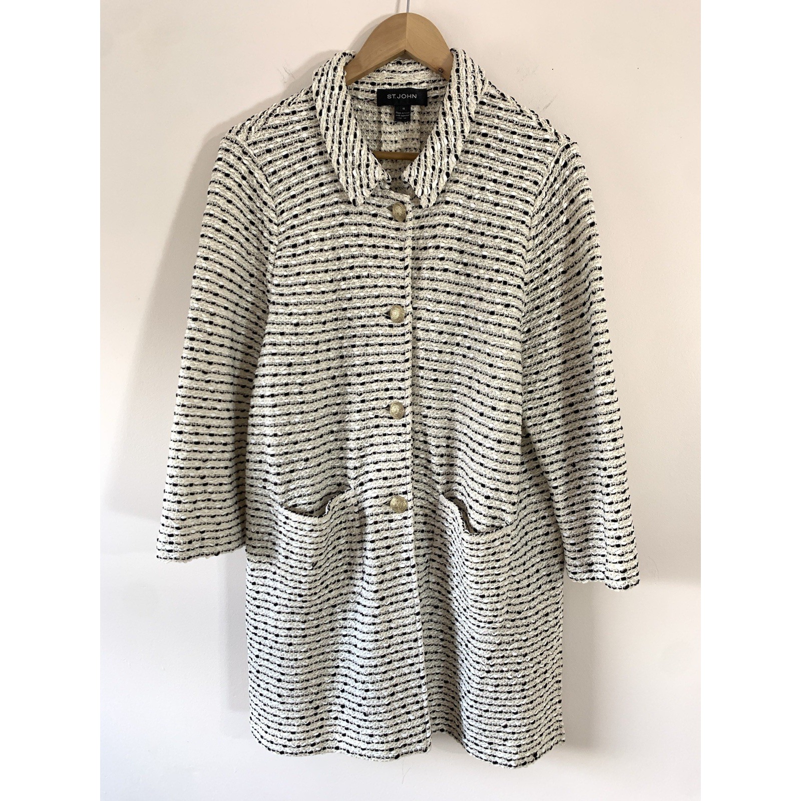 St. John Knit Ribbon Tweed Jacket Womens Size 16 Ivory Black Cardigan Blazer
